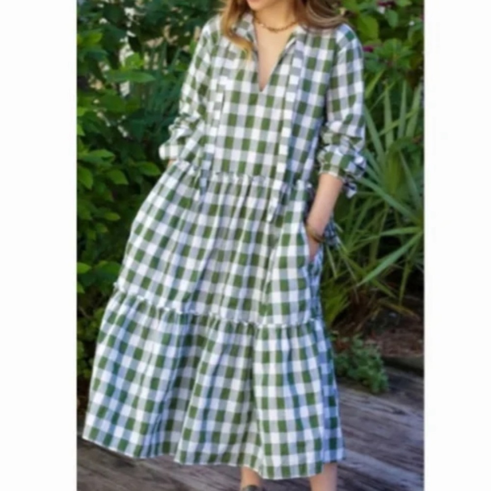 NWT LJC Designs Green White Plaid Tie Long Sleeve Maxi Dress Small